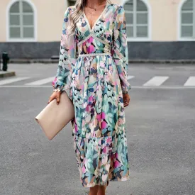 Casual Vintage Print Long Sleeve Boho Dress