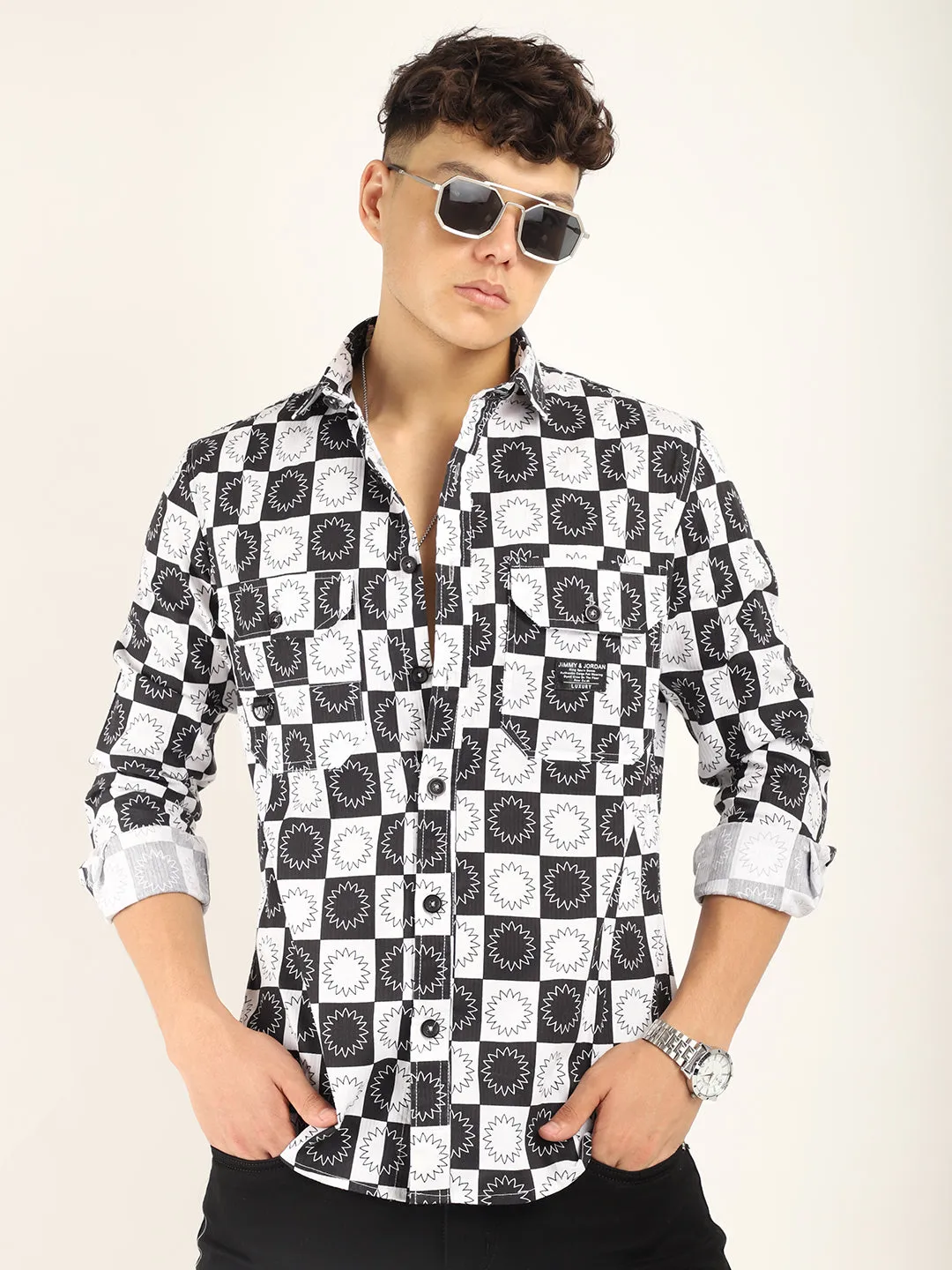Chess Codd Black Flower Print Full Sleeve Shirt