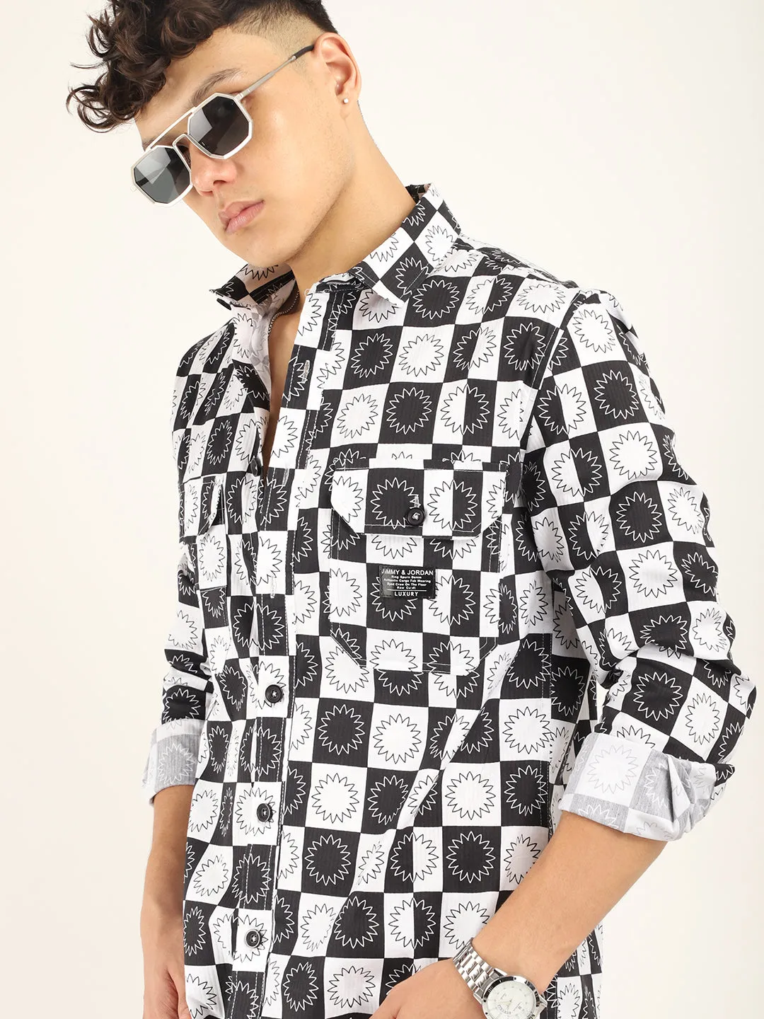 Chess Codd Black Flower Print Full Sleeve Shirt