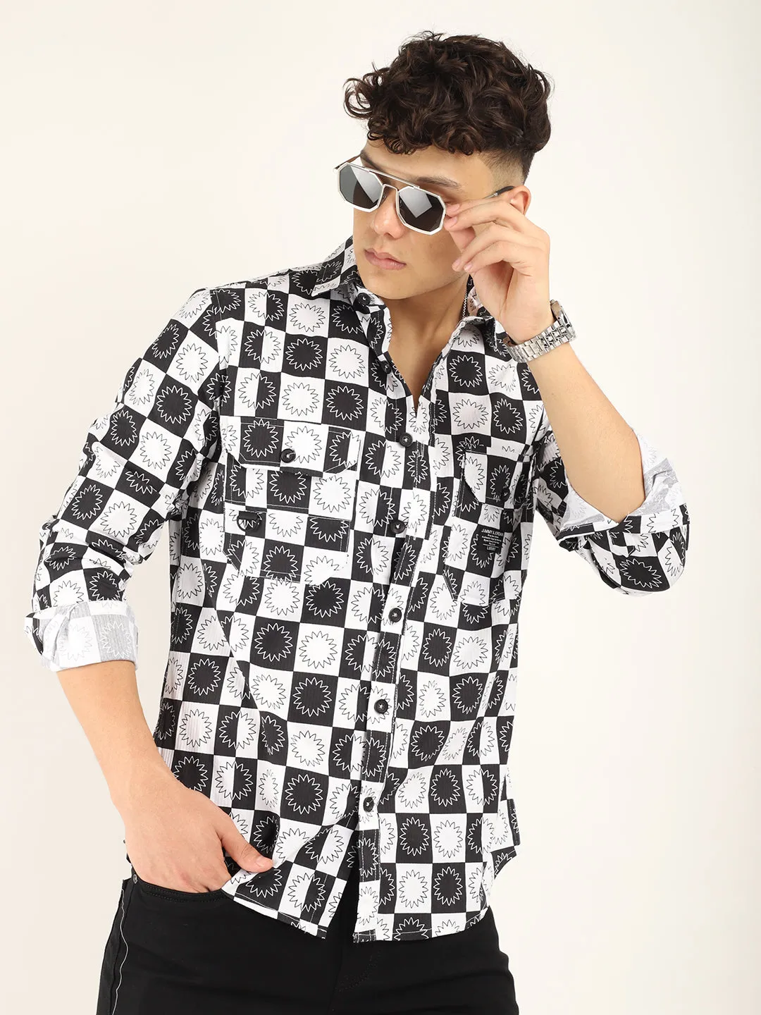 Chess Codd Black Flower Print Full Sleeve Shirt