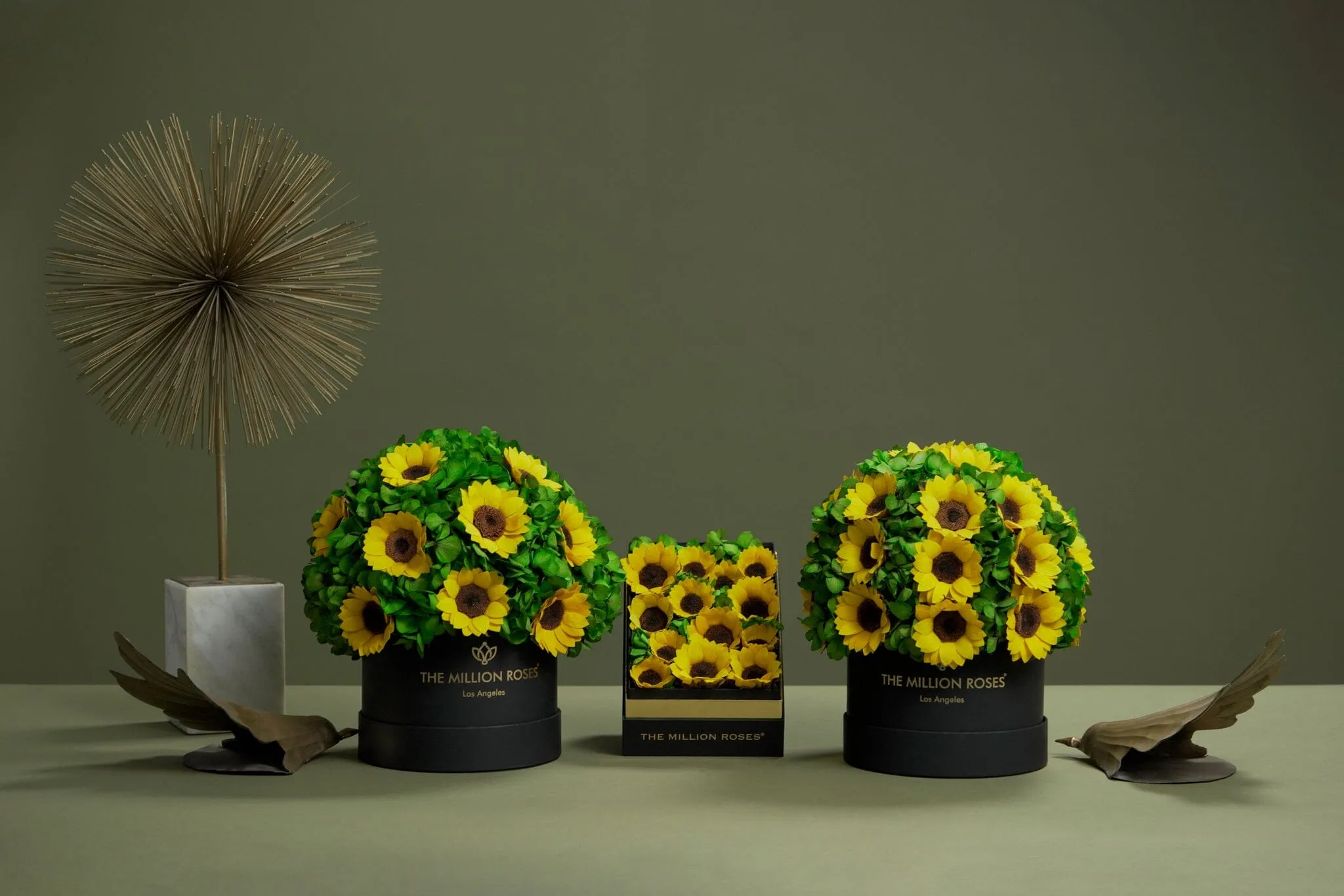 Classic Hot Pink Suede Box | Green Hydrangeas & Sunflowers
