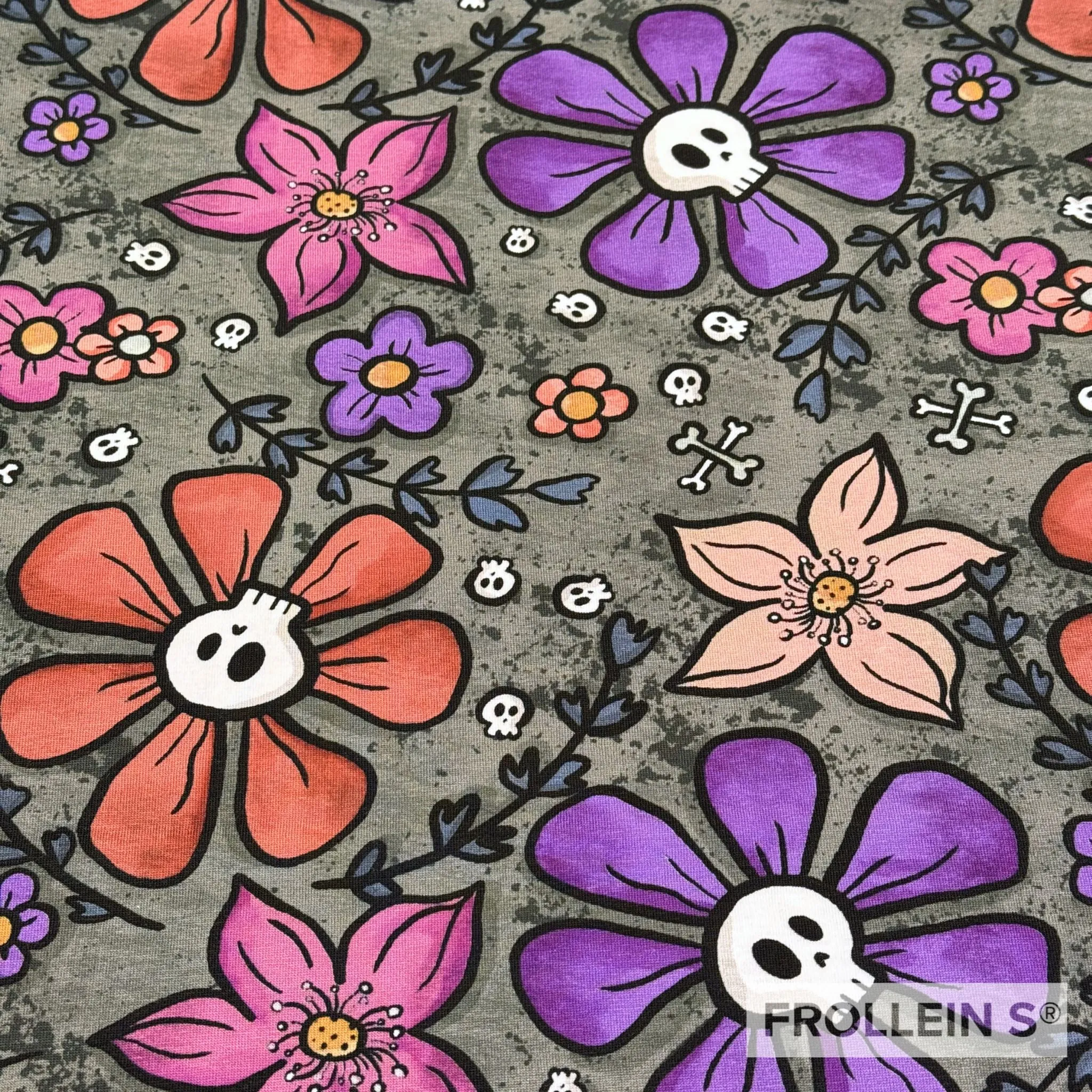 Cotton Jersey Knit Fabric - Skull Flowers