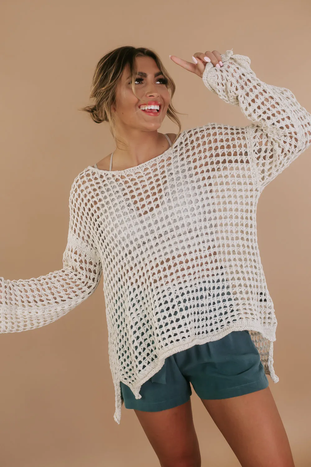 Crochet Mesh Boat neck Sweater Top, Natural