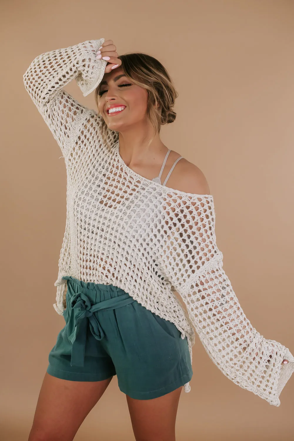 Crochet Mesh Boat neck Sweater Top, Natural