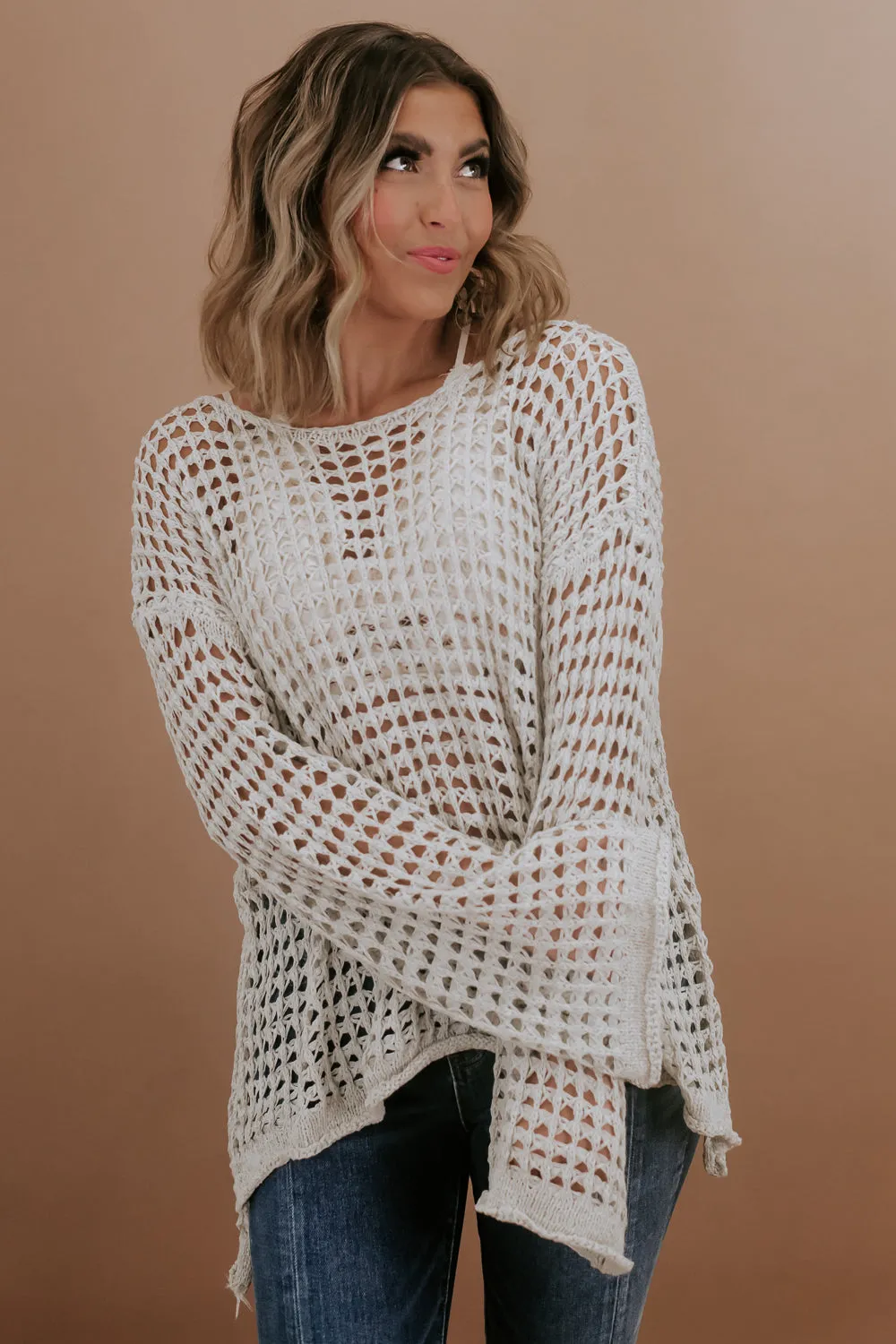 Crochet Mesh Boat neck Sweater Top, Natural