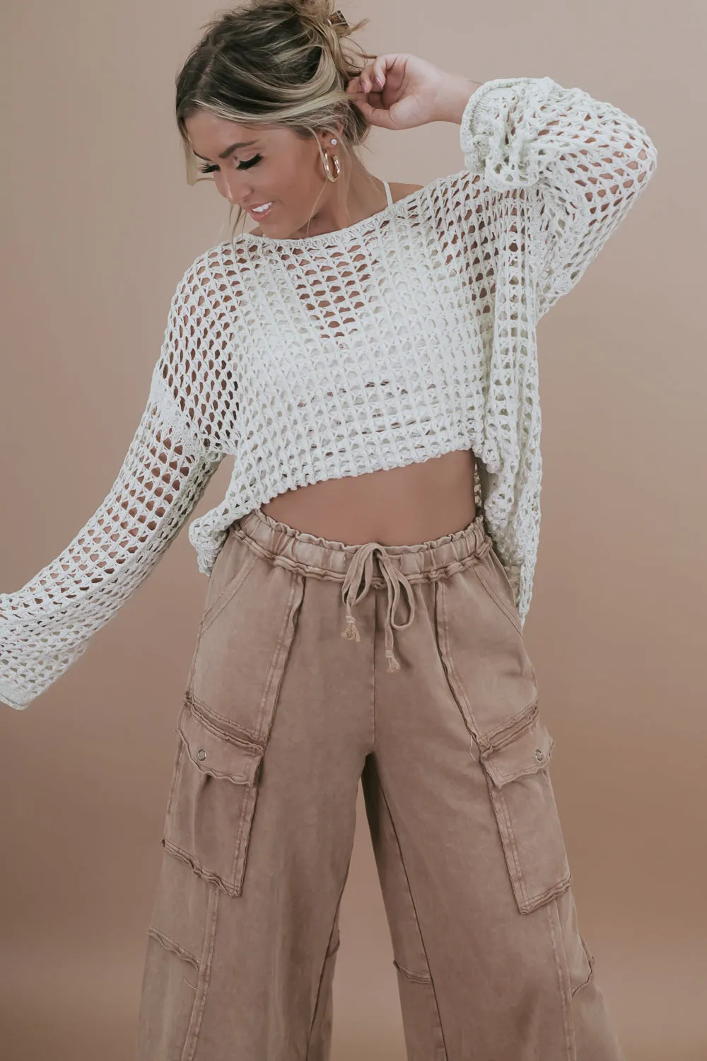 Crochet Mesh Boat neck Sweater Top, Natural