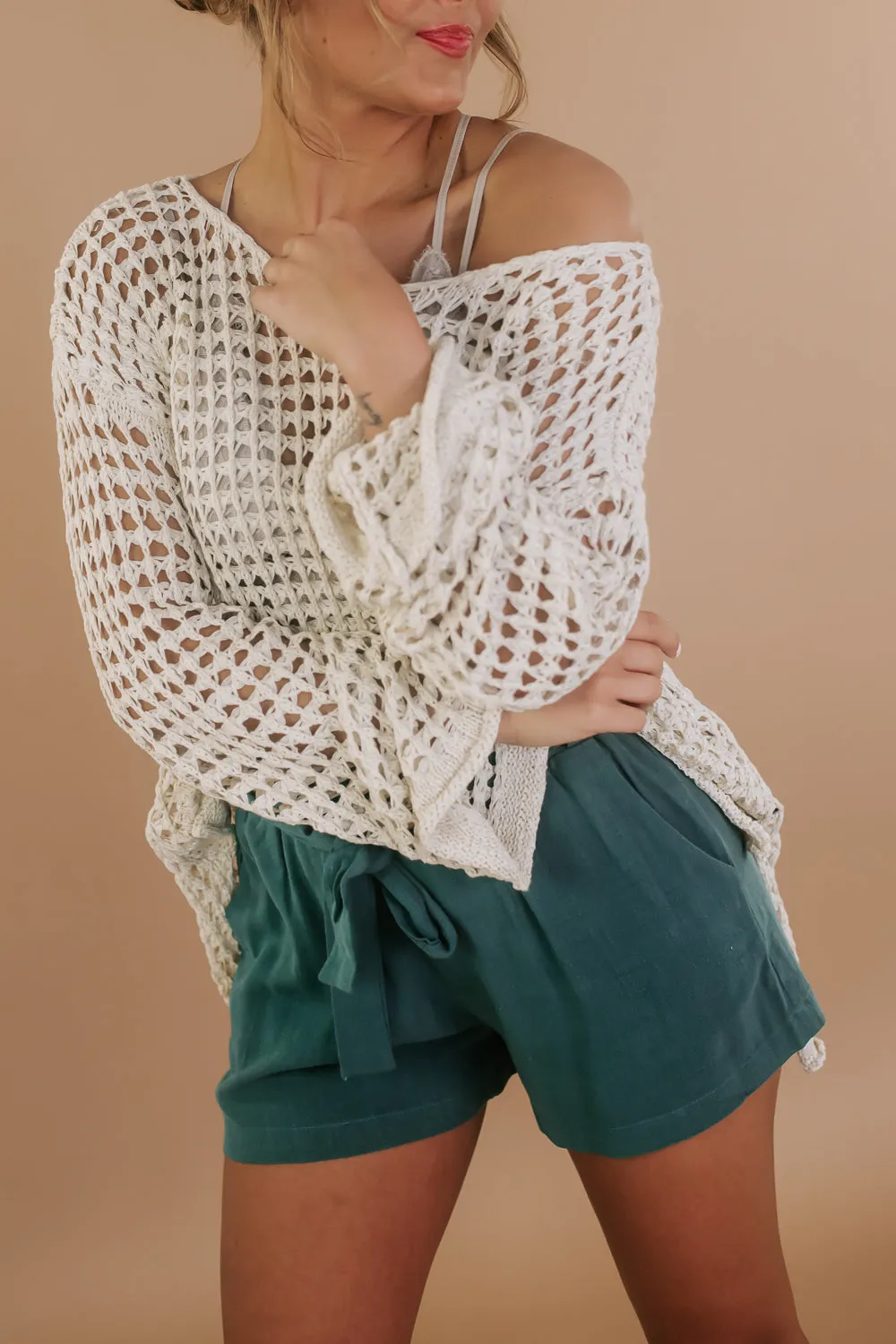 Crochet Mesh Boat neck Sweater Top, Natural