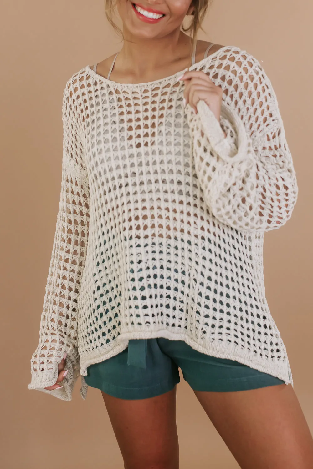 Crochet Mesh Boat neck Sweater Top, Natural