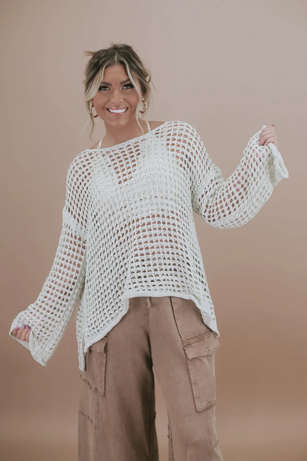 Crochet Mesh Boat neck Sweater Top, Natural