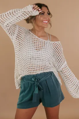 Crochet Mesh Boat neck Sweater Top, Natural