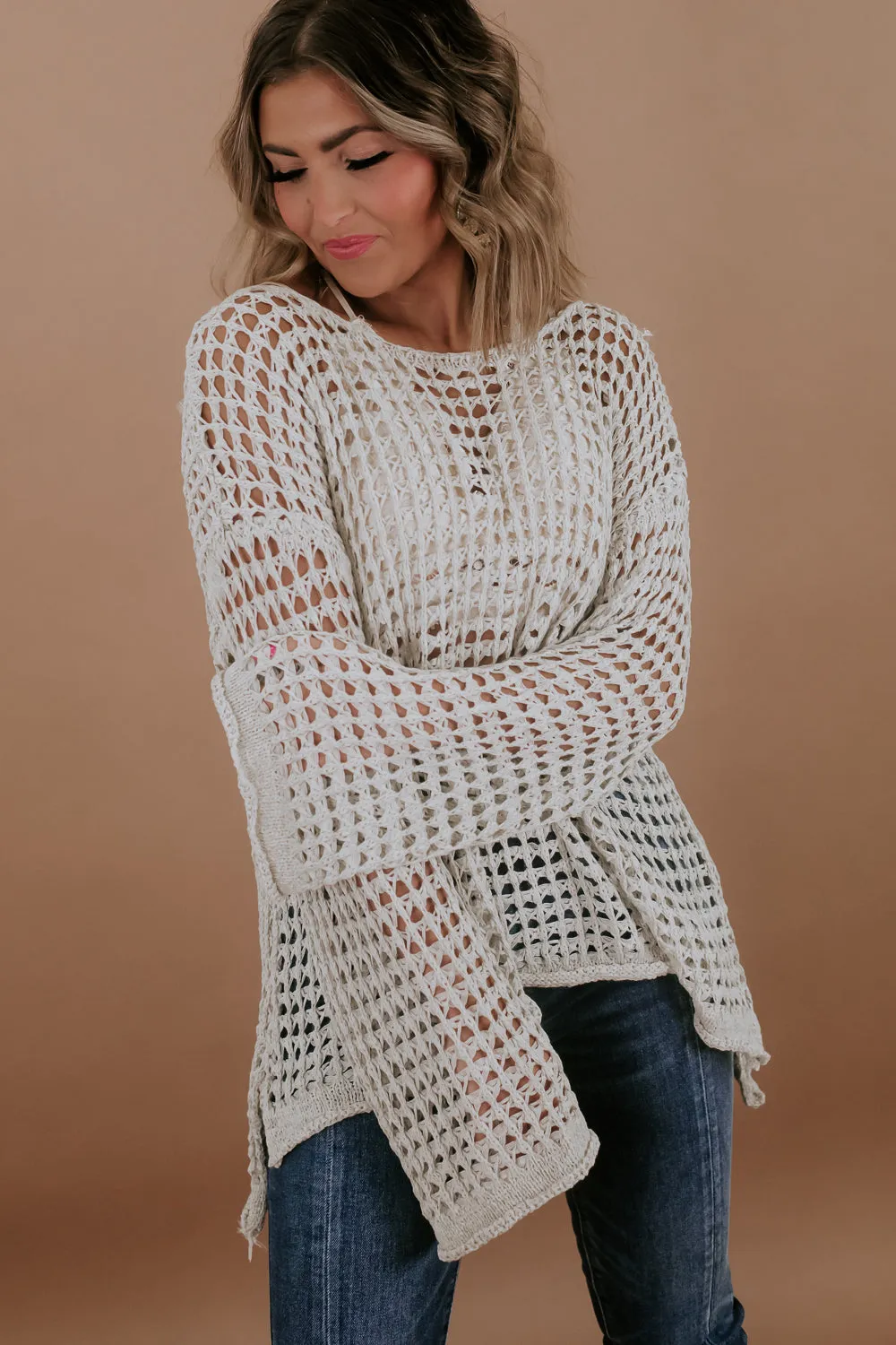 Crochet Mesh Boat neck Sweater Top, Natural