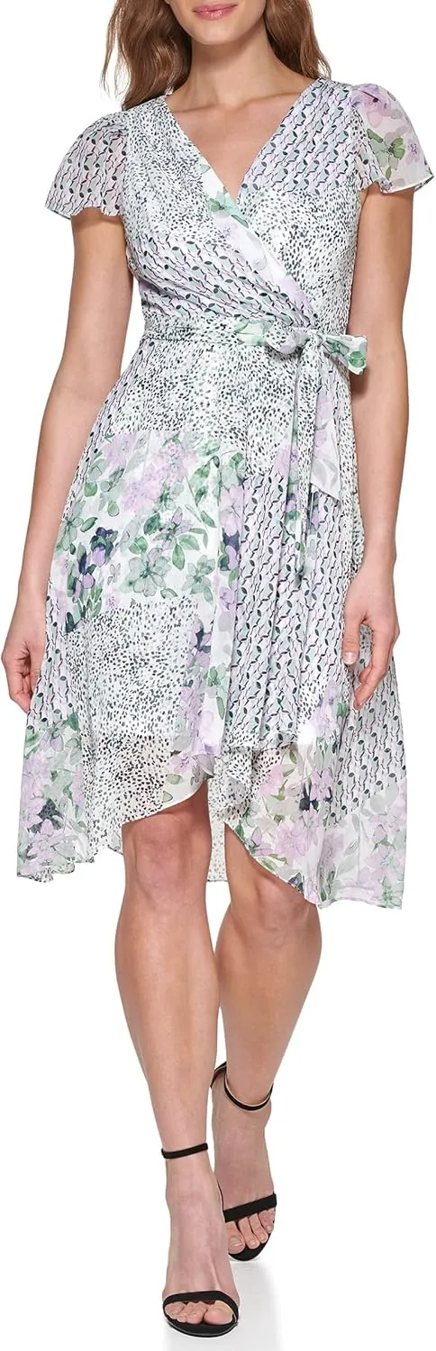 DKNY Women's Short Sleeve Asymmetrical Hem Faux Wrap Dress