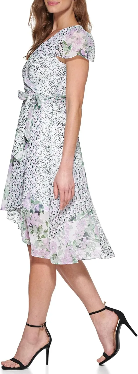 DKNY Women's Short Sleeve Asymmetrical Hem Faux Wrap Dress