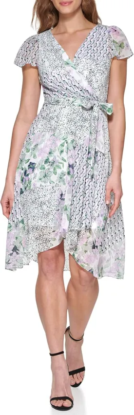 DKNY Women's Short Sleeve Asymmetrical Hem Faux Wrap Dress