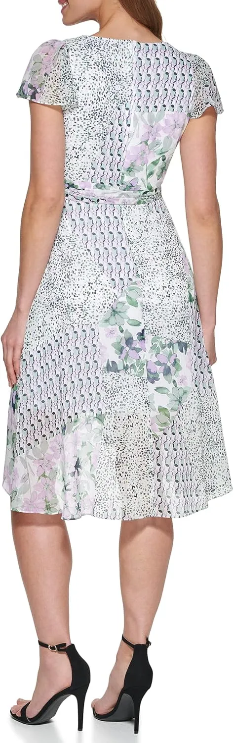 DKNY Women's Short Sleeve Asymmetrical Hem Faux Wrap Dress