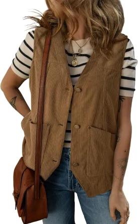 Dokotoo Womens Corduroy Vests Outerwear 2025 Button-Down Lightweight Waistcoat Sleeveless Jacket Casual Vest