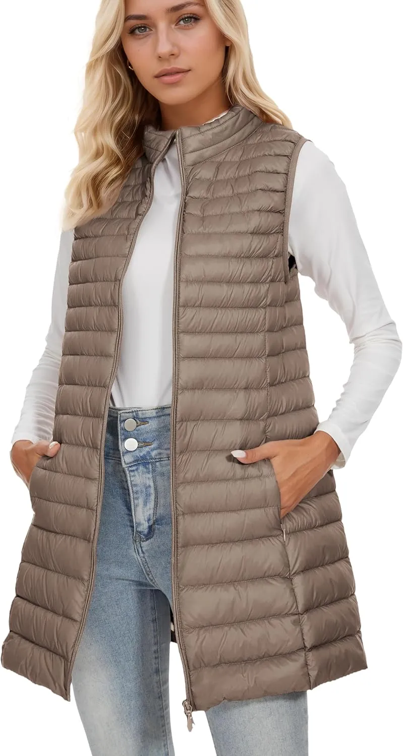 ELFJOY Long Puffer Vest Women Winter Ultra Light Long Down Vest with Stand Collar Black Womens Vests Outerwear