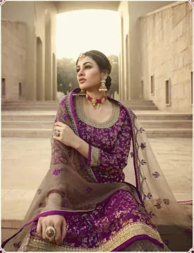 Embroidered Art Silk Jacquard Suit in Purple