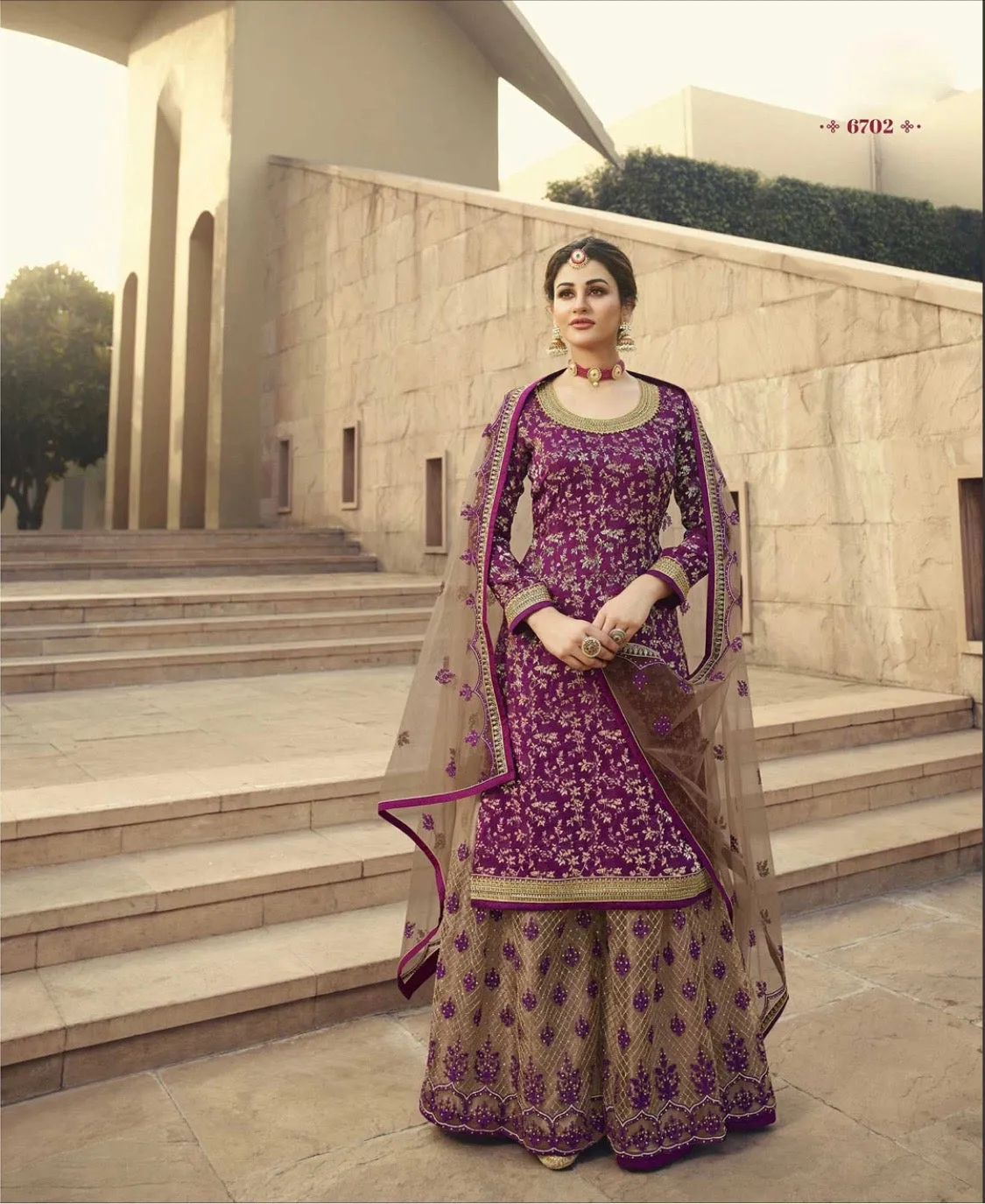 Embroidered Art Silk Jacquard Suit in Purple