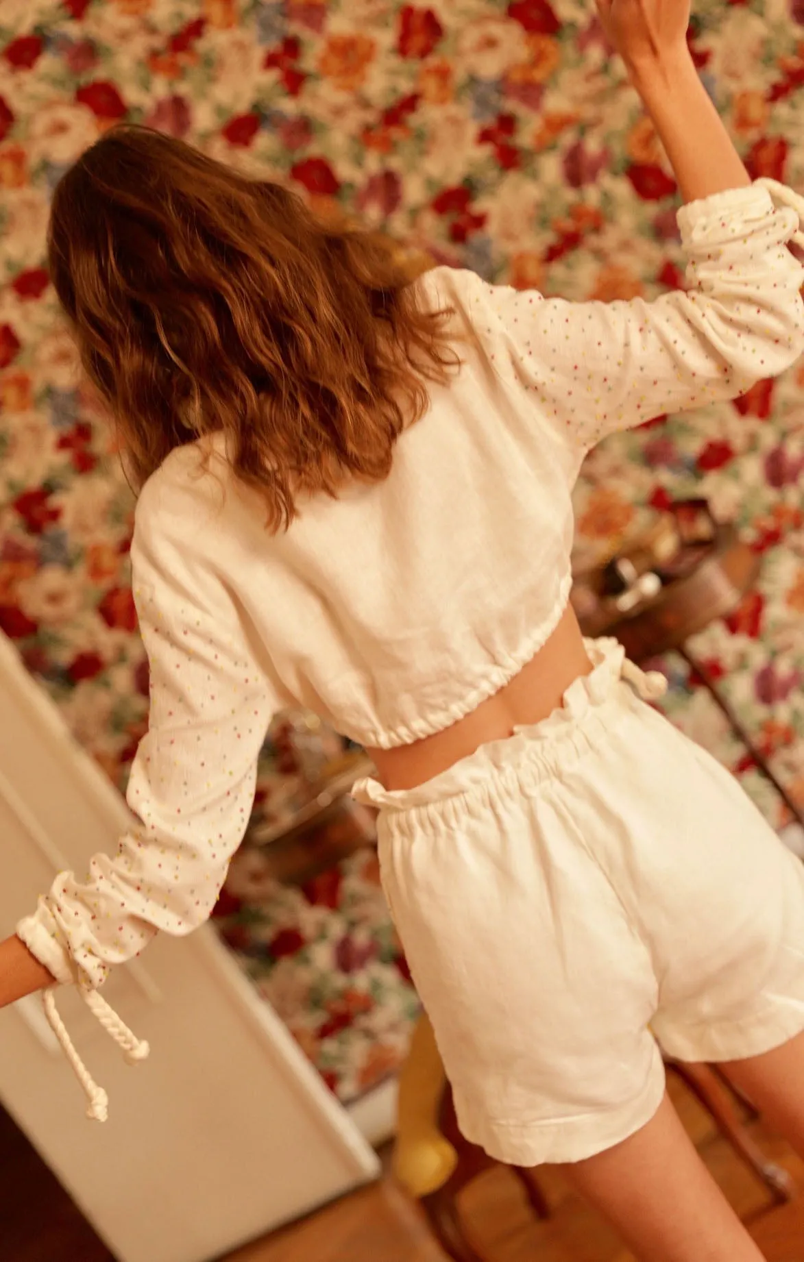Embroidered White Linen Shorts