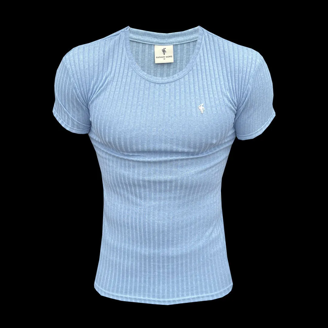 Father Sons Classic Light Blue / Silver Ribbed Knit Super Slim Short Sleeve Crew T-Shirt - FSH1087
