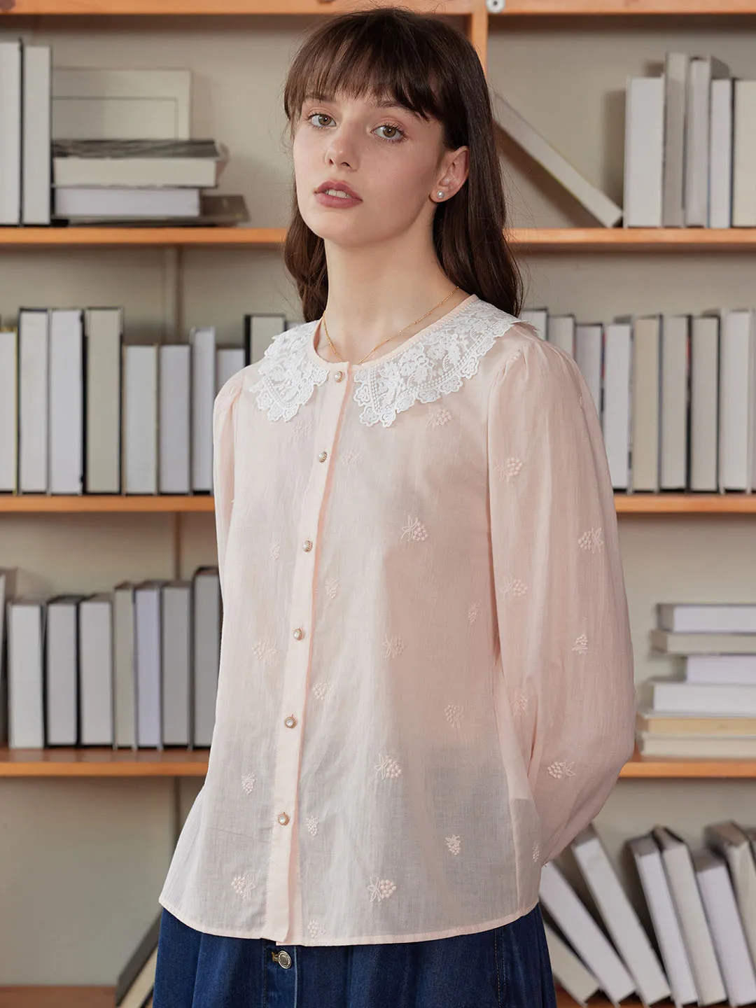 【Final Sale】Neriah Raspberry Embroidered Peter Pan Collar Cotton Blouse