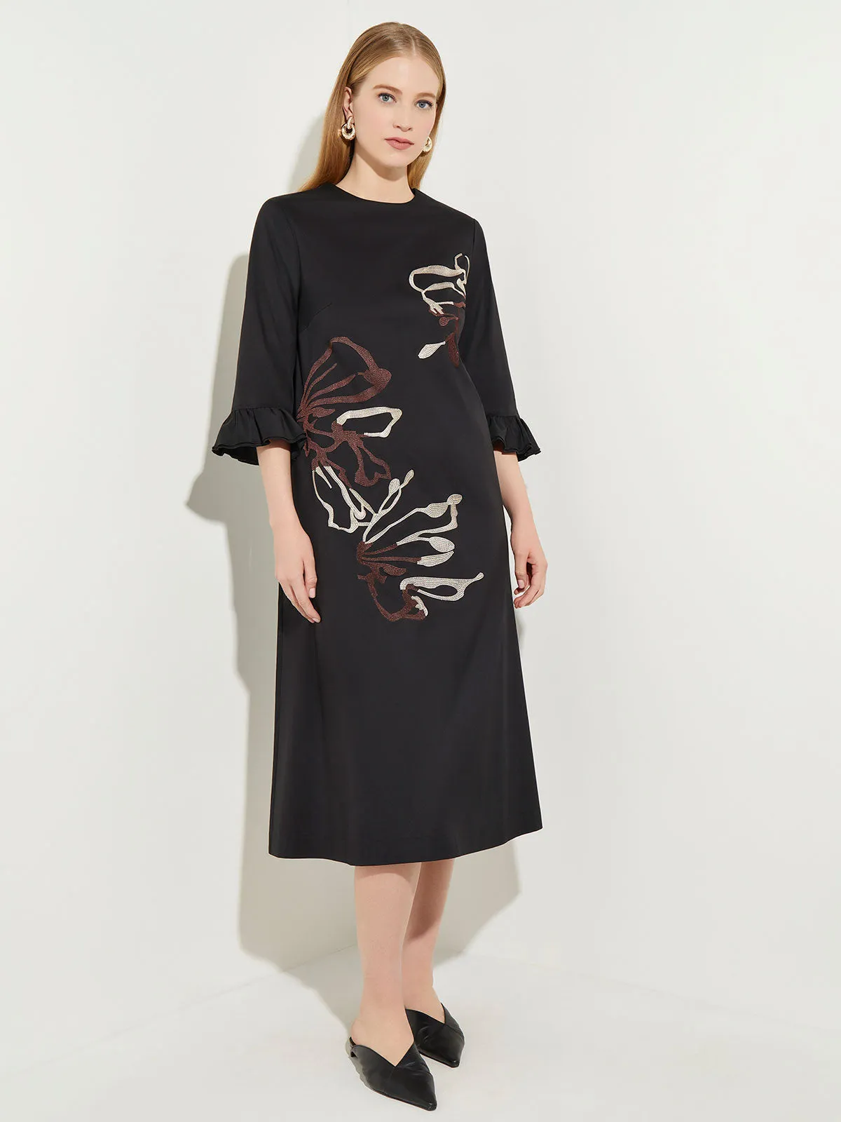 Floral Embroidered Cotton Poplin Midi Dress, Black