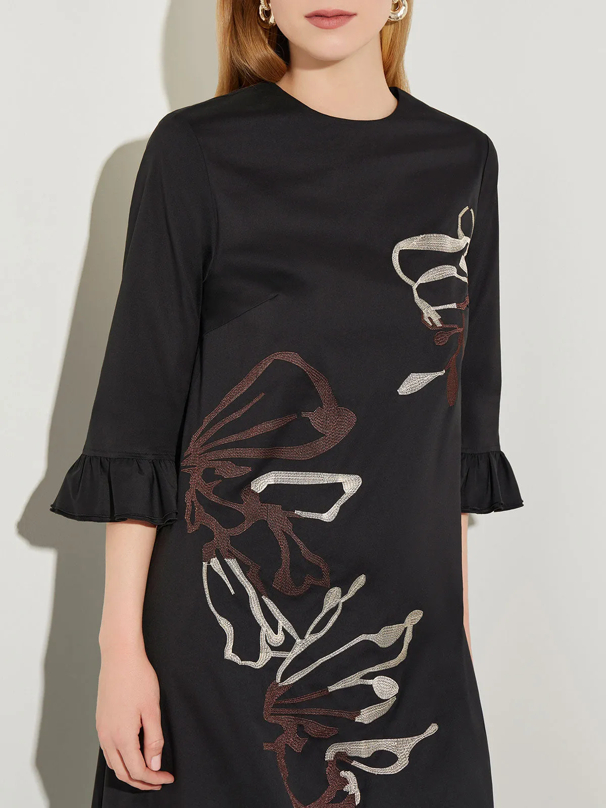 Floral Embroidered Cotton Poplin Midi Dress, Black