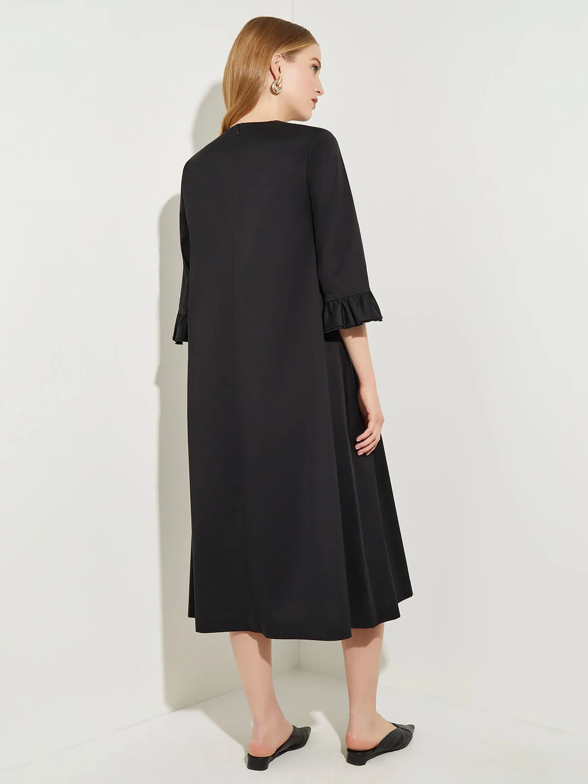 Floral Embroidered Cotton Poplin Midi Dress, Black