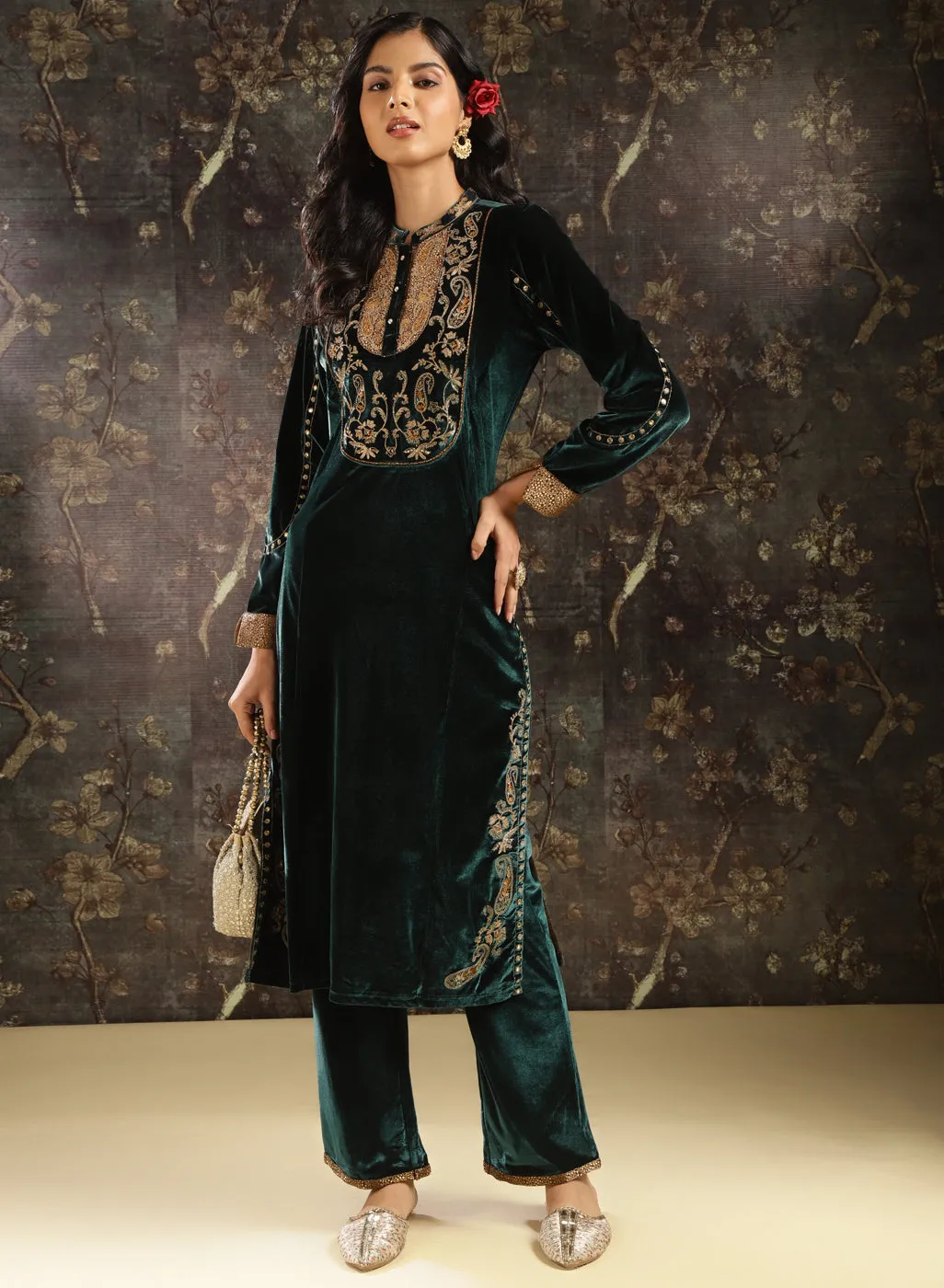 Green Embroidered Velvet Kurta Set with Button Detailing