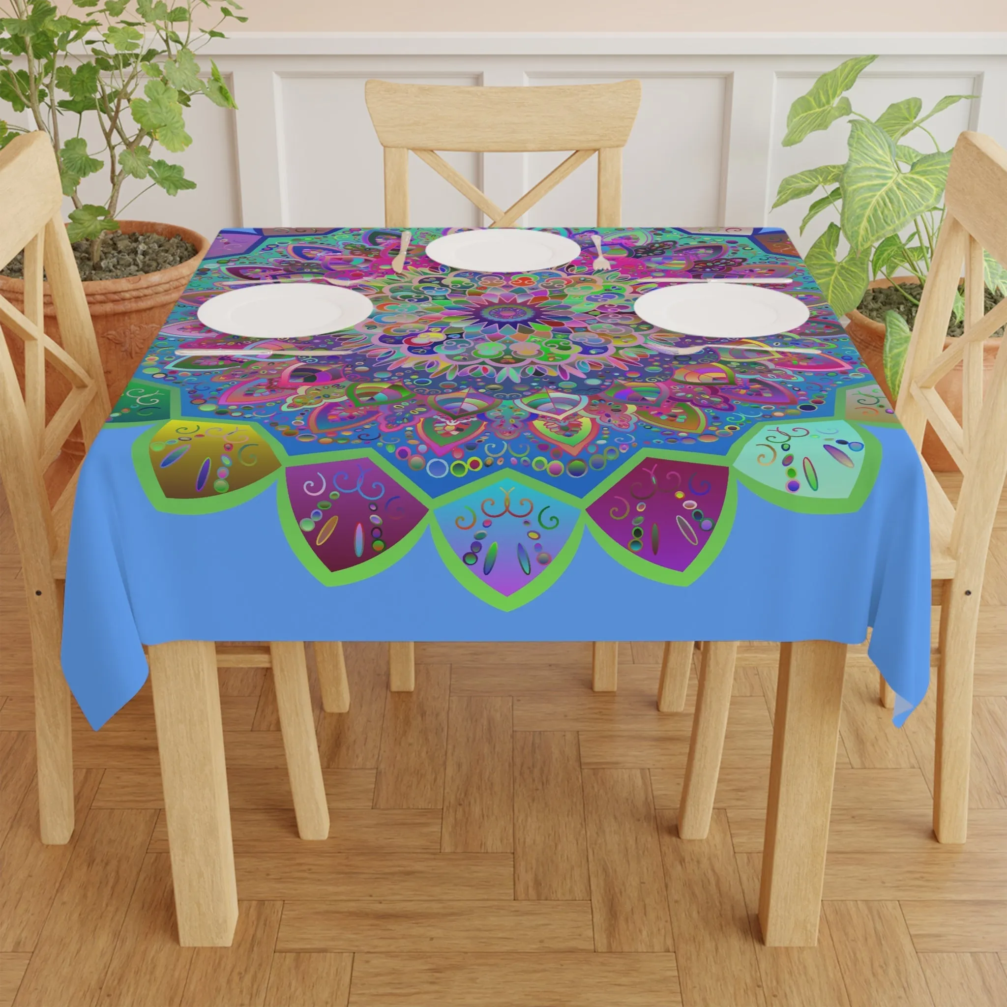Handmade Mandala Design Tablecloth, Light Blue Square