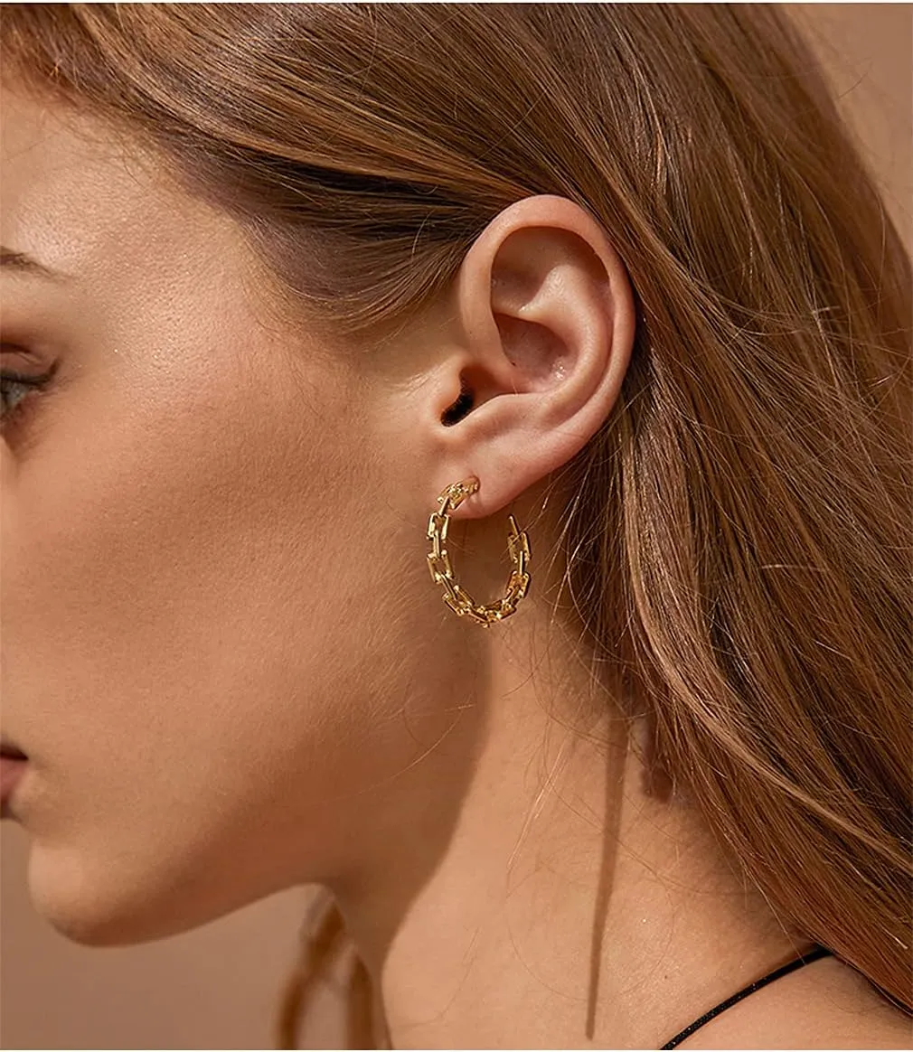 Hoop Earrings for Women - Chain Hoop Earrings Gold/White Gold - Link Hoop Stud Earrings