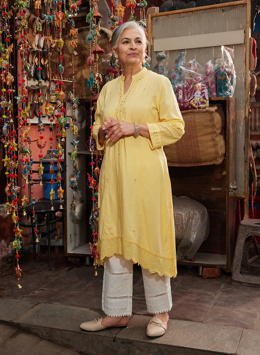 Inaya Lemon Yellow Embroidered Cotton Linen Slub Kurta for Women