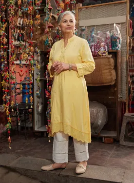 Inaya Lemon Yellow Embroidered Cotton Linen Slub Kurta for Women
