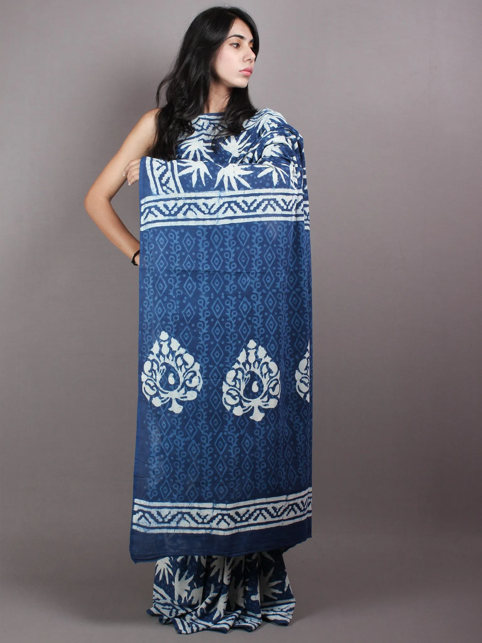 Indigo White Hand Block Printed in Natural Colors Cotton Mul Saree - S03170426
