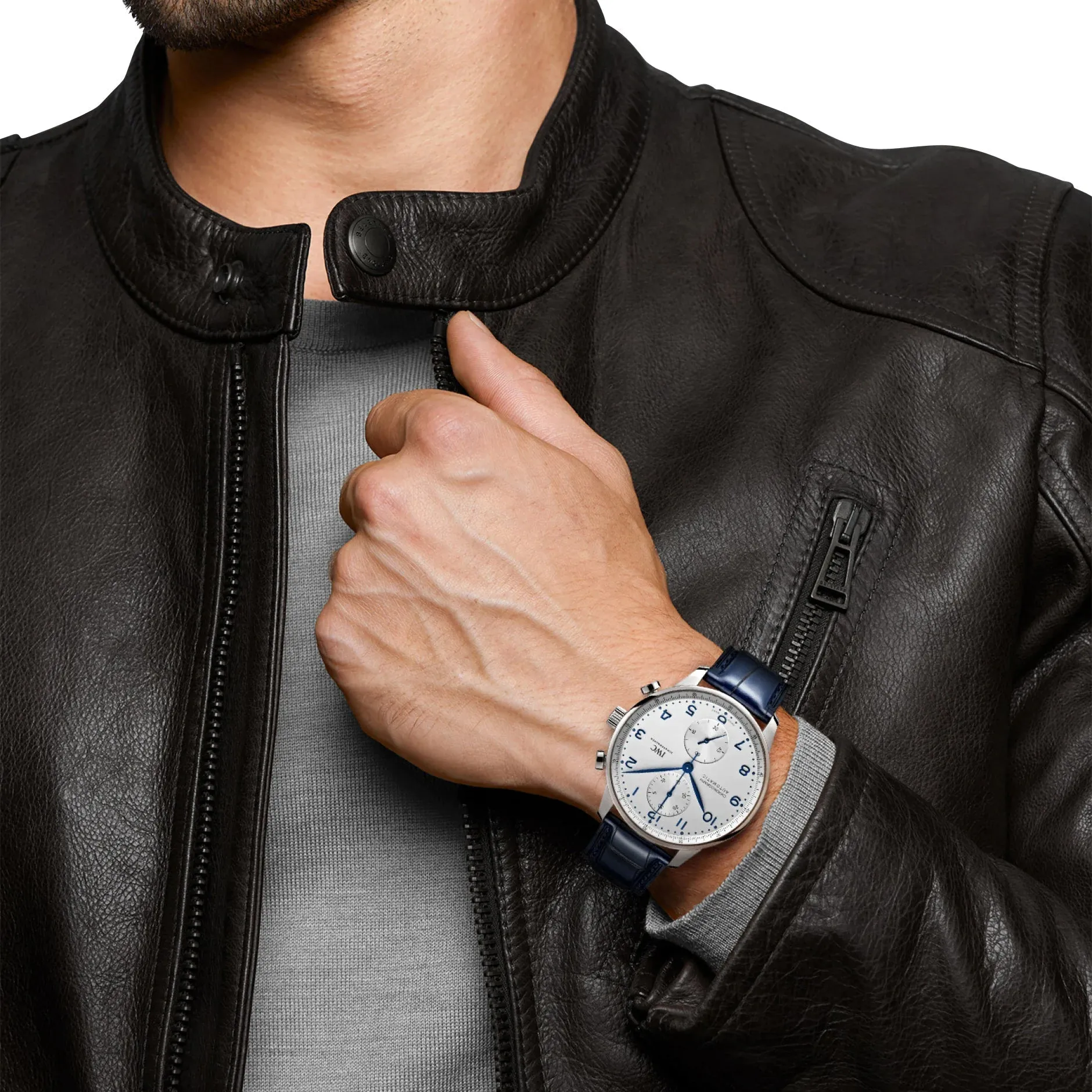IWC Portugieser Automatic Chronograph Stainless Steel Silver-Tone Dial Blue Leather Strap Mens Watch IW371605