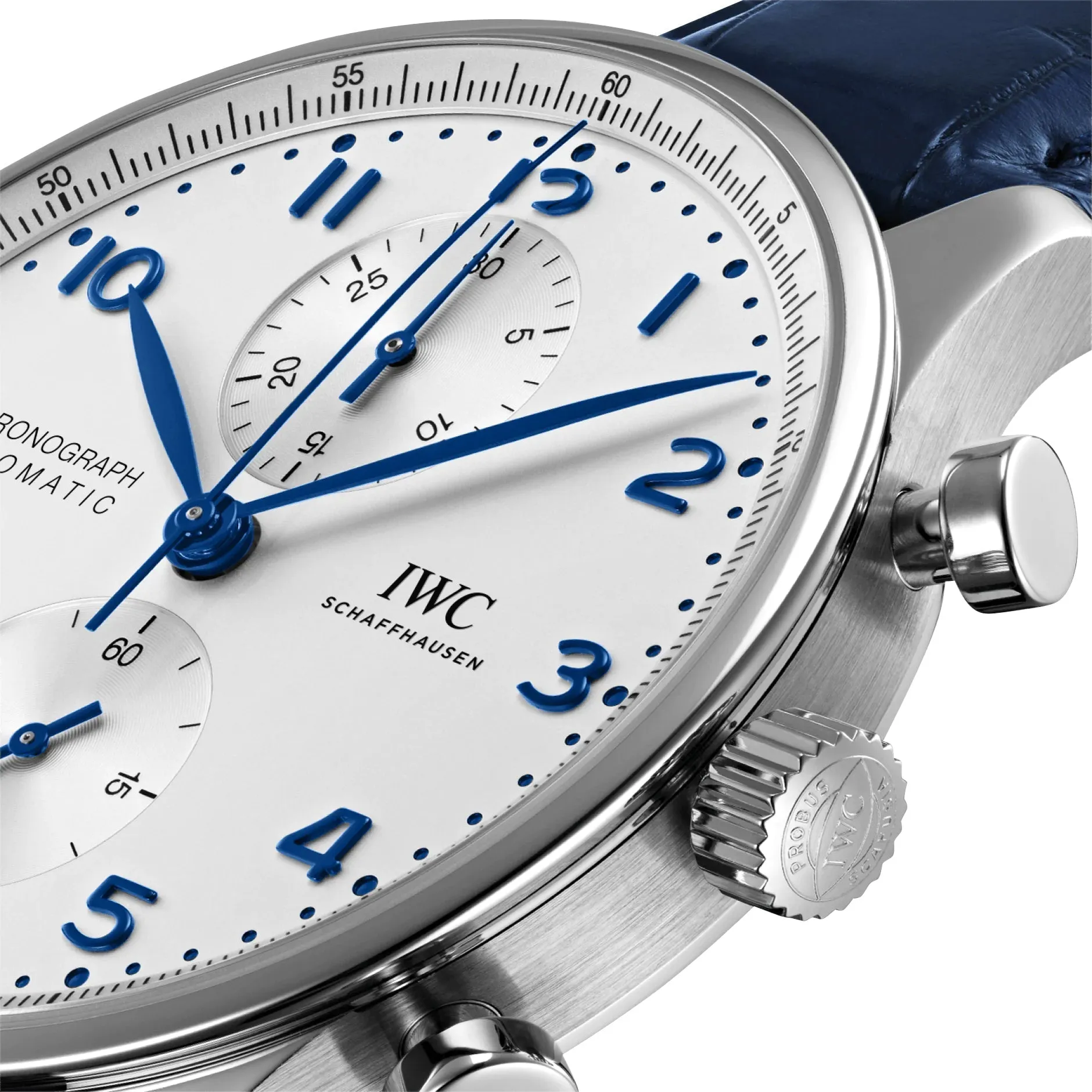 IWC Portugieser Automatic Chronograph Stainless Steel Silver-Tone Dial Blue Leather Strap Mens Watch IW371605