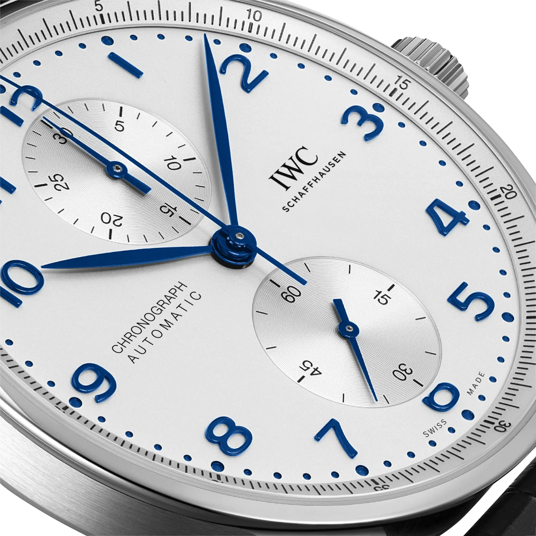IWC Portugieser Automatic Chronograph Stainless Steel Silver-Tone Dial Blue Leather Strap Mens Watch IW371605