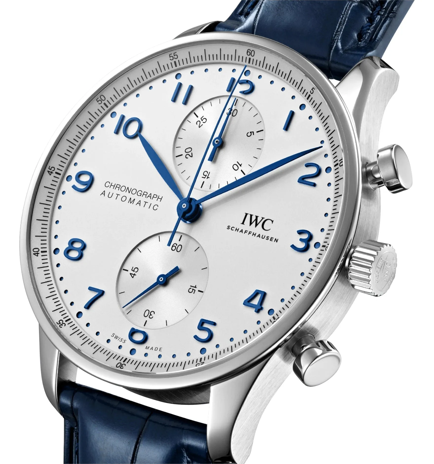 IWC Portugieser Automatic Chronograph Stainless Steel Silver-Tone Dial Blue Leather Strap Mens Watch IW371605