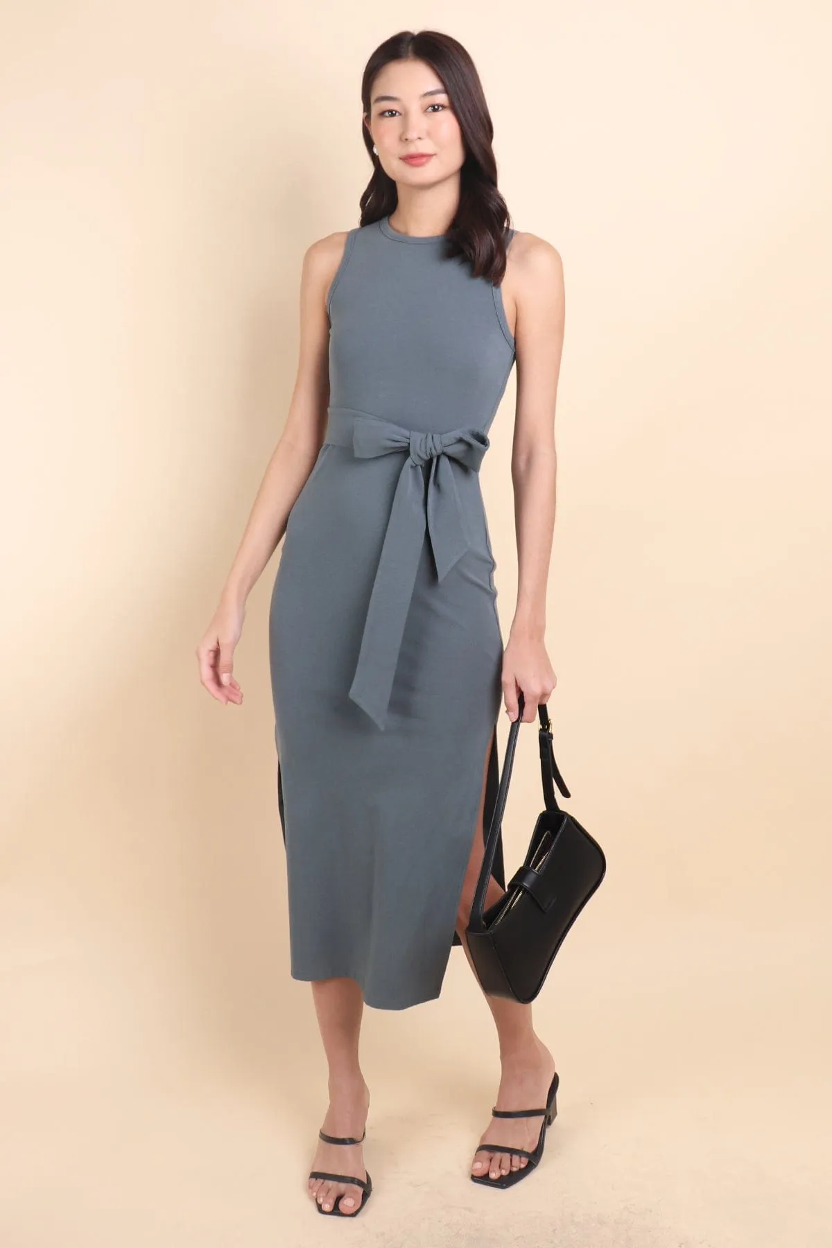 KENIA SLIM FIT TIE KNOT MIDI DRESS IN TEAL