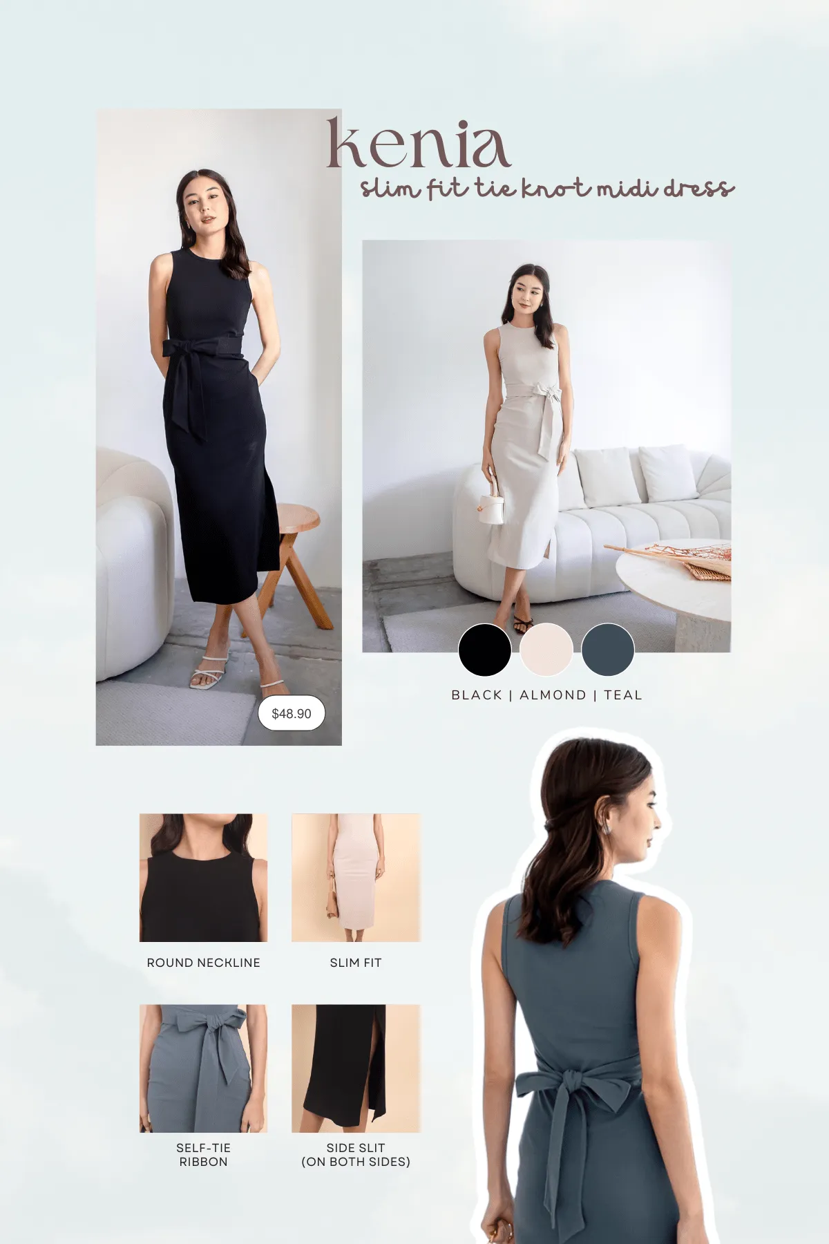 KENIA SLIM FIT TIE KNOT MIDI DRESS IN TEAL