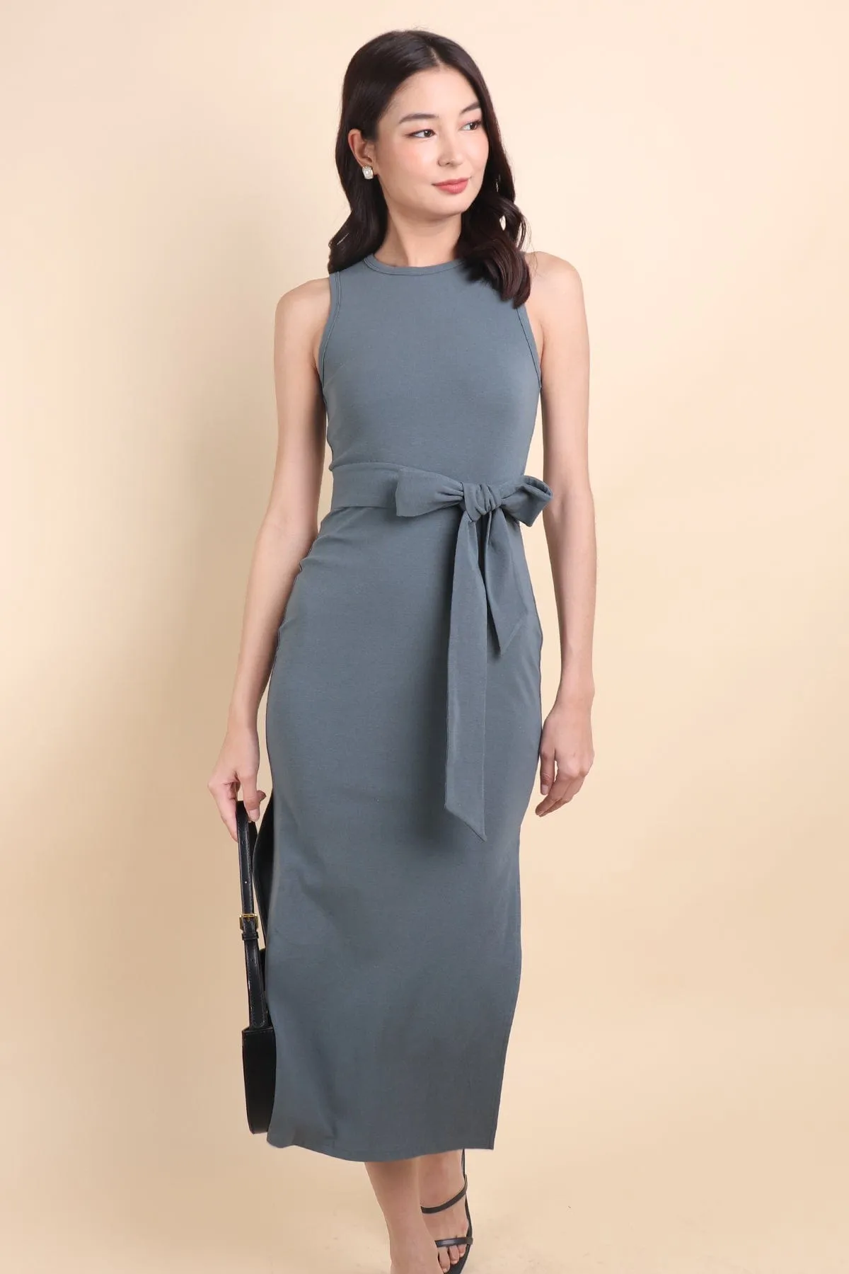 KENIA SLIM FIT TIE KNOT MIDI DRESS IN TEAL