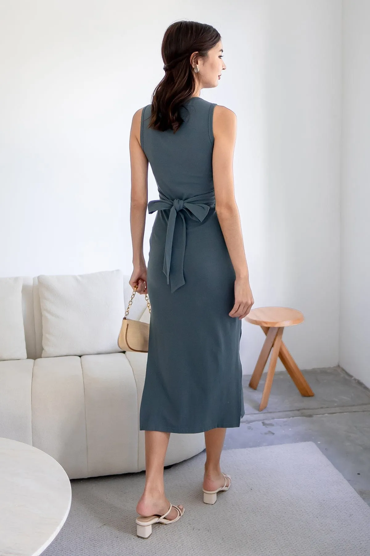 KENIA SLIM FIT TIE KNOT MIDI DRESS IN TEAL