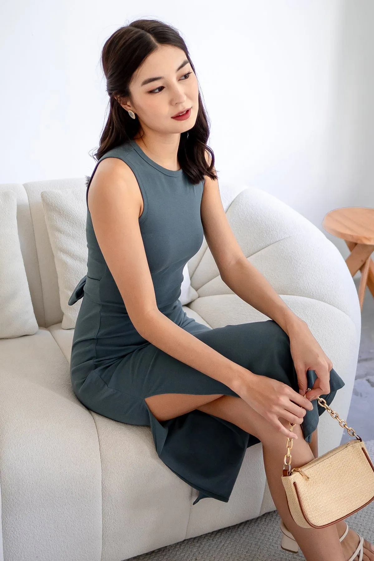 KENIA SLIM FIT TIE KNOT MIDI DRESS IN TEAL