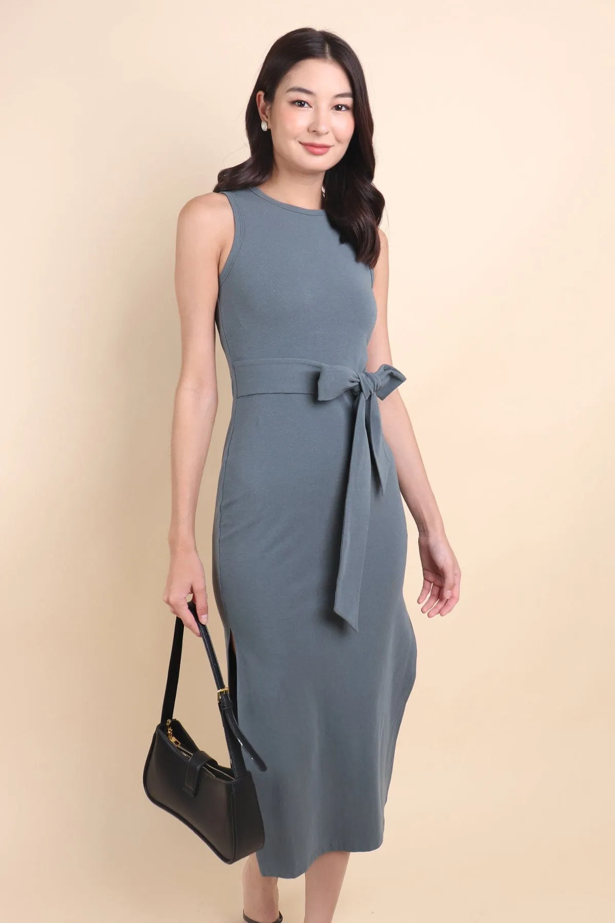 KENIA SLIM FIT TIE KNOT MIDI DRESS IN TEAL