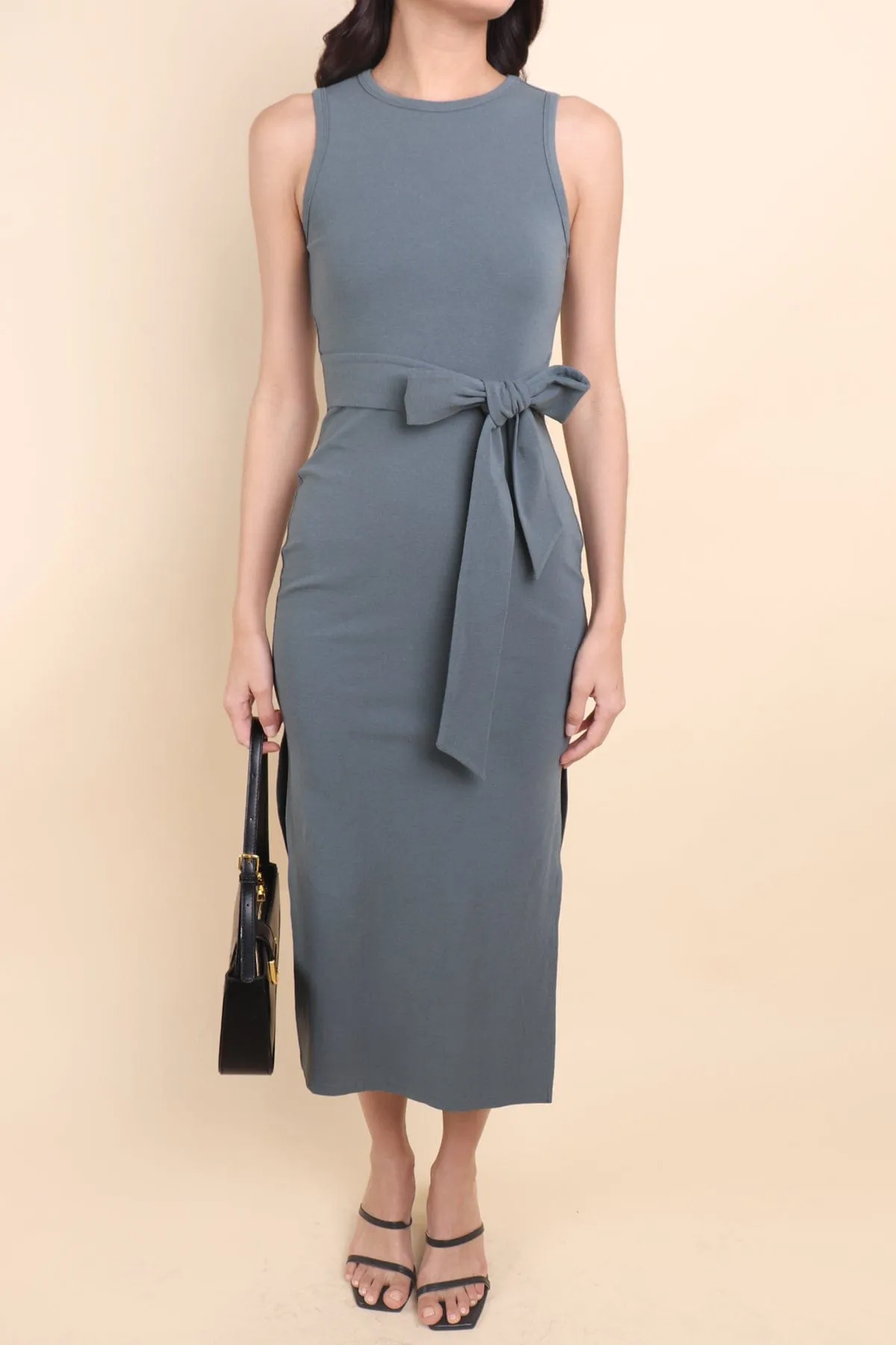 KENIA SLIM FIT TIE KNOT MIDI DRESS IN TEAL