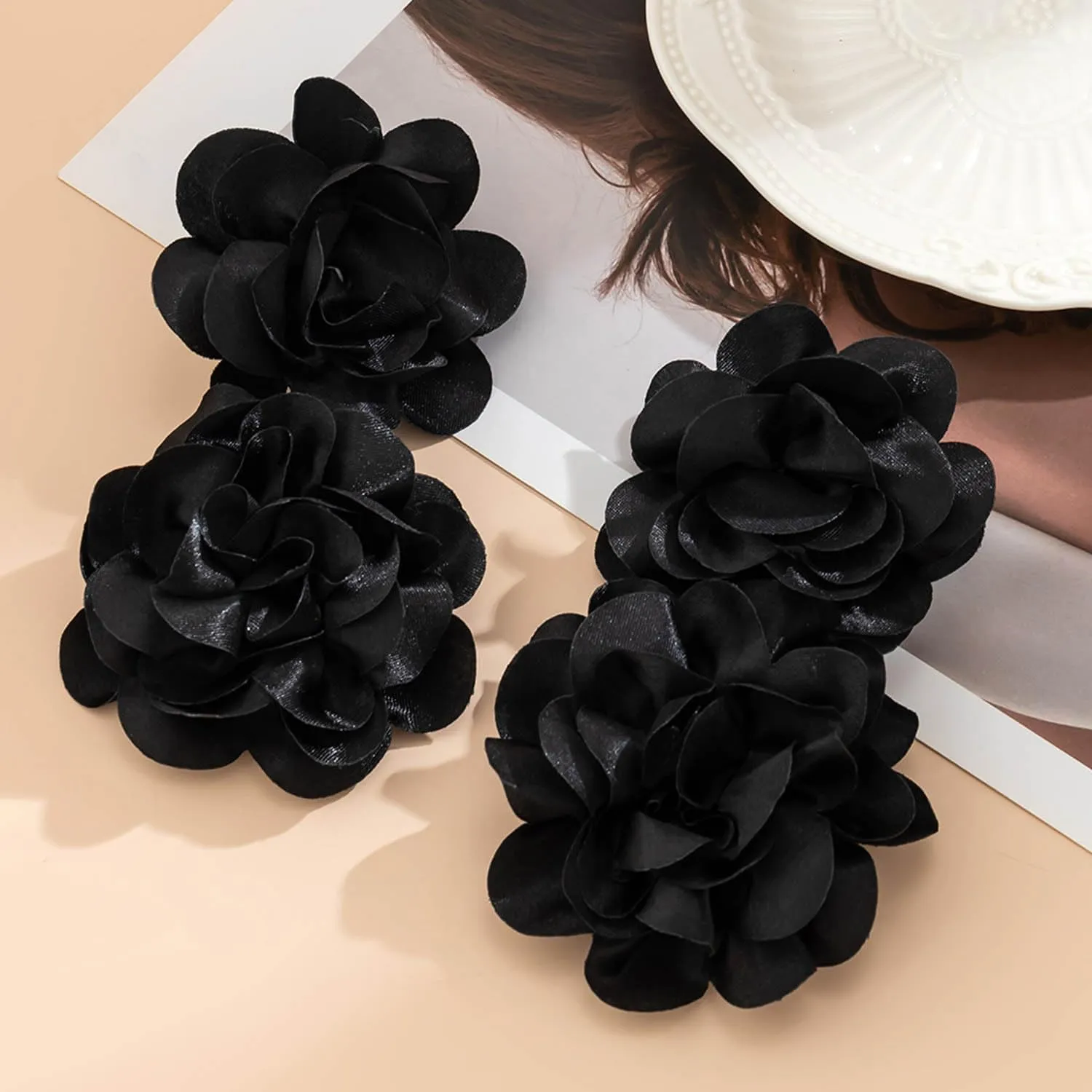 Large Flower Statement Earrings Red Fabric Flower Earrings Stud Oversized Exaggerated Dangle Earrings Jewelry for Women