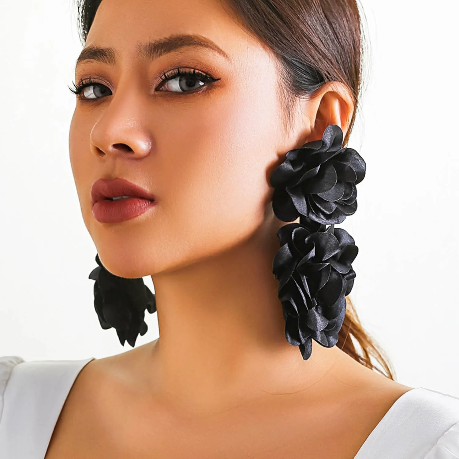 Large Flower Statement Earrings Red Fabric Flower Earrings Stud Oversized Exaggerated Dangle Earrings Jewelry for Women