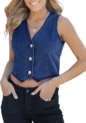 luvamia Jean Vests for Women Crop Denim Top Button Down Waistcoat Vest Tank Tops Fashion Casual Sleeveless Jacket