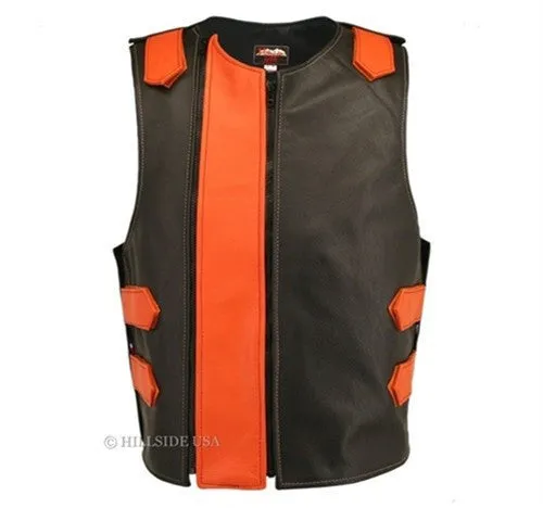 Made in USA Dual Front Zipper Bulletproof Style Leather Biker Vest Black/Gray
